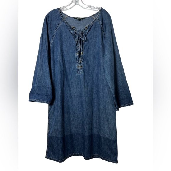 Ralph Lauren Denim Dress Womens Large Lace Up 100% Cotton casual Shift 90’s - Picture 1 of 6
